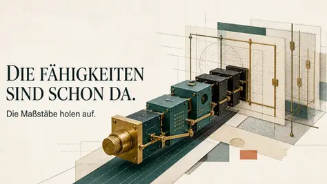 Abstrakte KI-Fähigkeitsmodule bewegen sich durch nachlaufende Mess- und Kontrollrahmen.