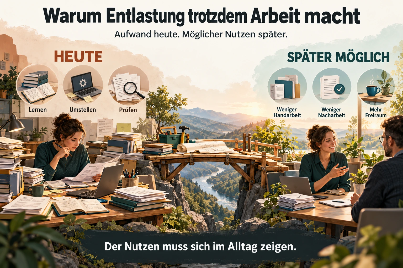 Lernen, Umstellen und Prüfen heute; weniger Handarbeit und Nacharbeit sowie mehr Freiraum als mögliche spätere Vorteile.