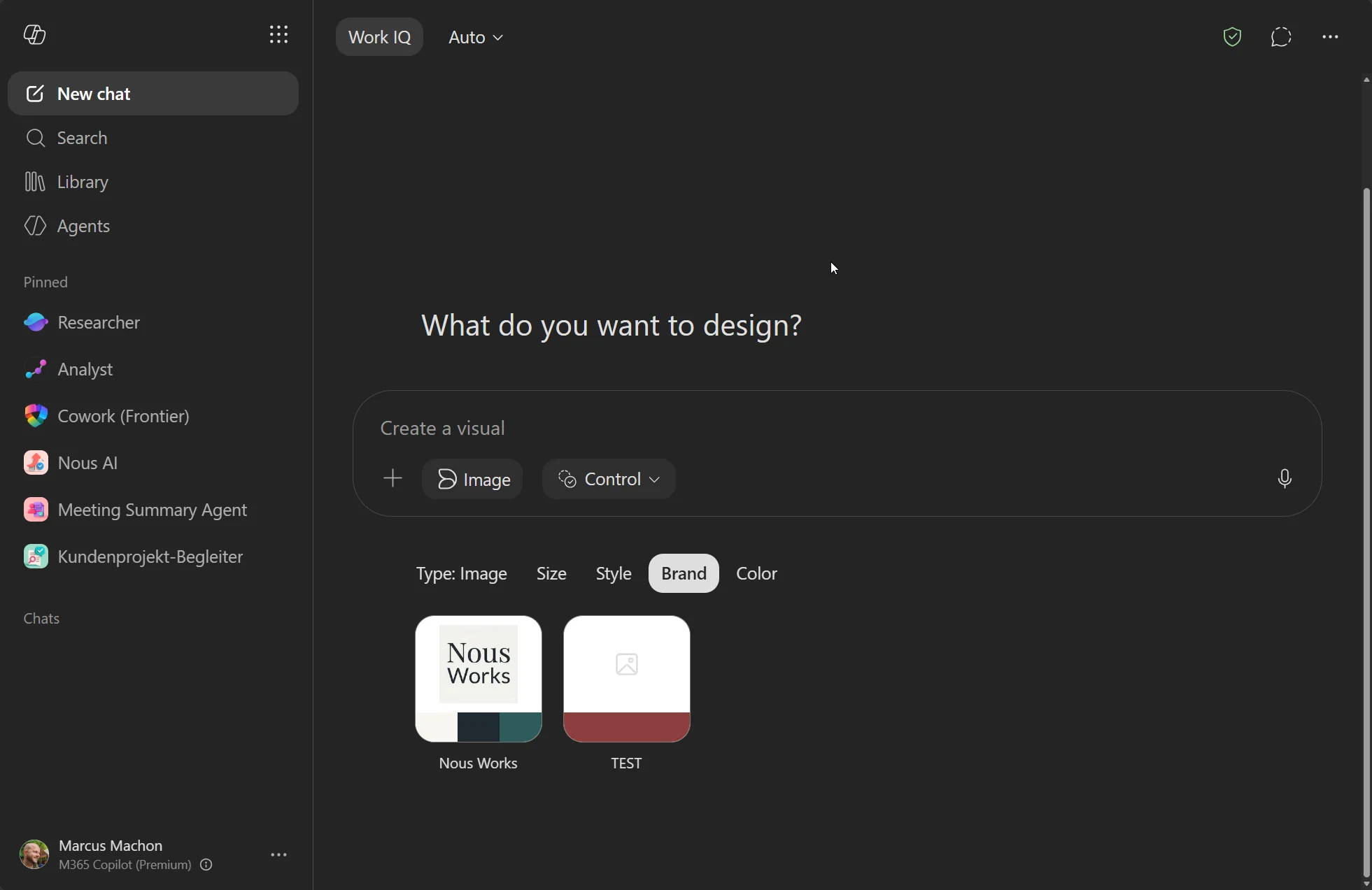 Copilot-Chat Create a visual mit Bildtyp und der Brand-Auswahl zwischen den Markenkits Nous Works und TEST