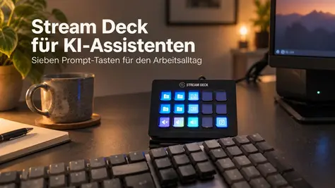 echtes 15-Tasten-Stream-Deck auf warmem Schreibtisch mit Titel zu KI-Assistenten.