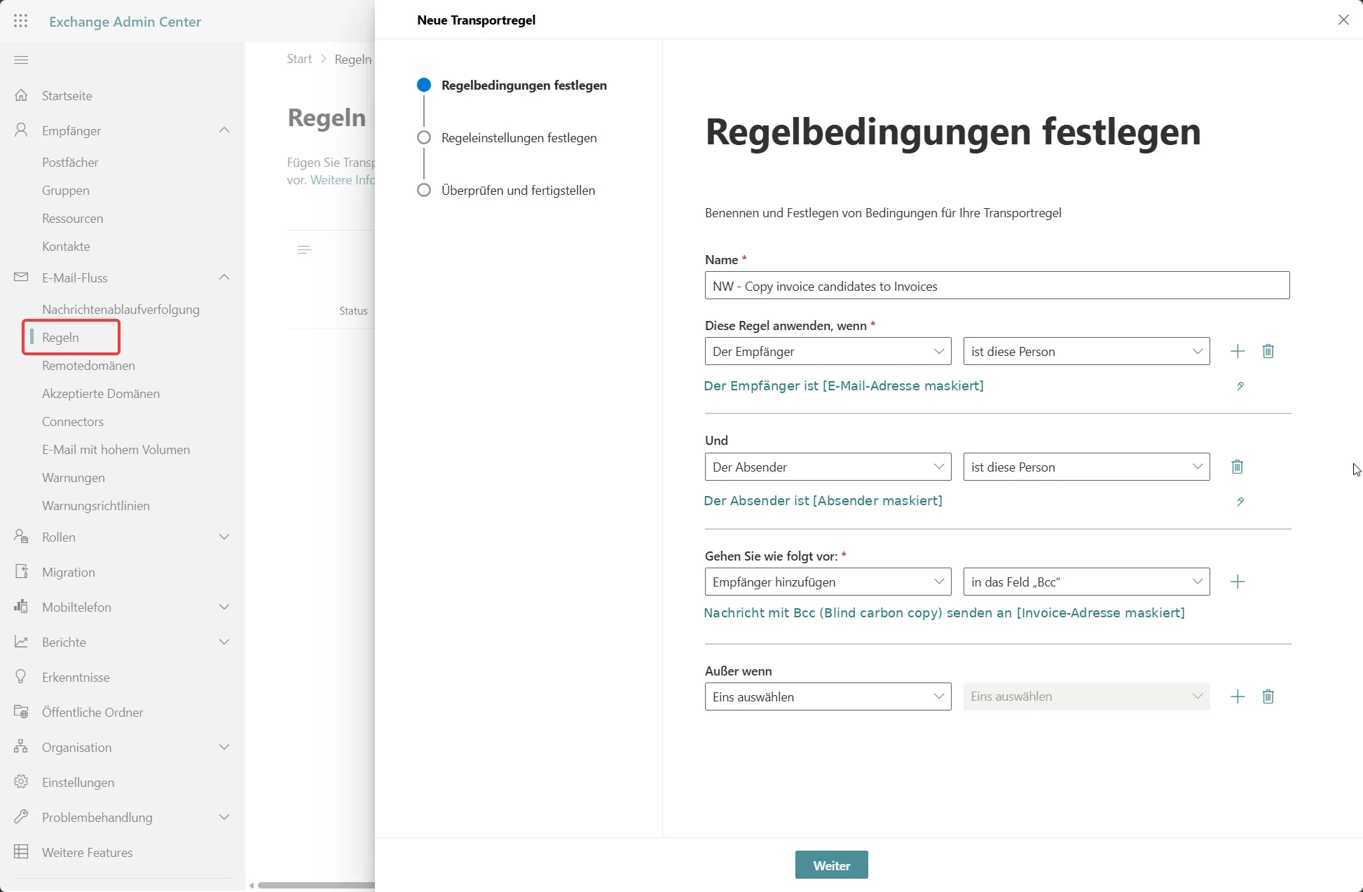 Exchange Admin Center Transportregel mit maskierten E-Mail-Adressen und Bcc an ein freigegebenes Invoice-Postfach
