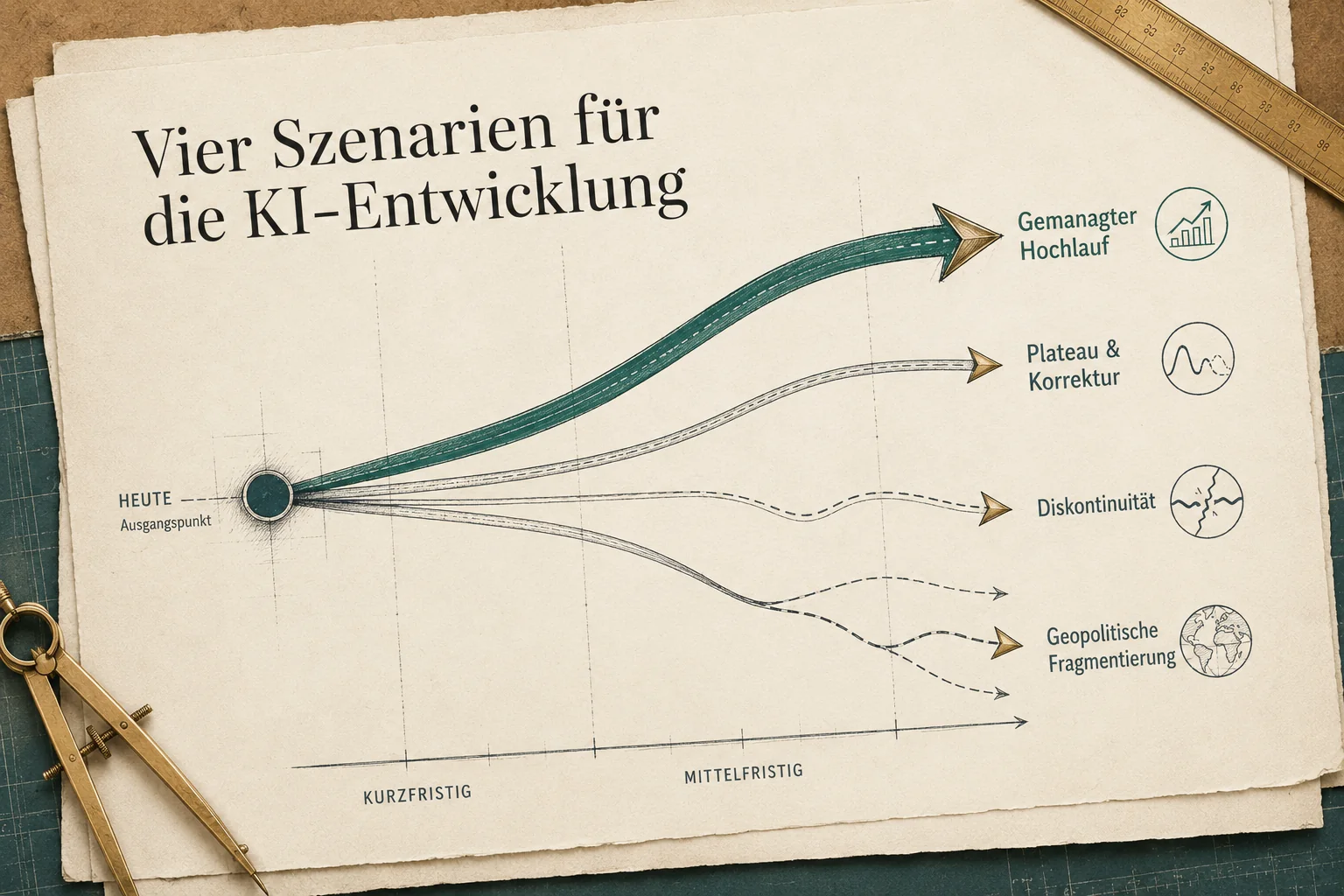 Infografik Vier Szenarien der KI-Entwicklung als verzweigende Pfade von heute in die Zukunft.