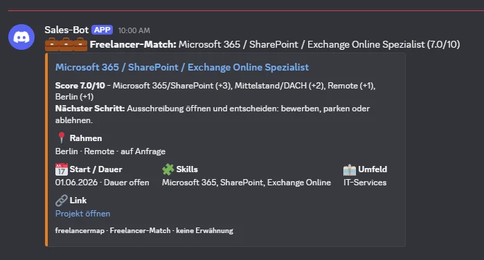 Discord-Benachrichtigung des Nous Sales-Bots zu einem Freelancer-Match mit Score, Skills, Rahmen und nächstem Schritt.