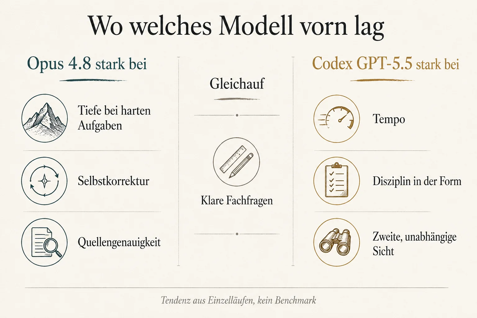Vergleichsinfografik: ein Modell stark bei Tiefe, Selbstkorrektur und Quellengenauigkeit, das andere stark bei Tempo und Disziplin, gleichauf bei klaren Fachfragen.