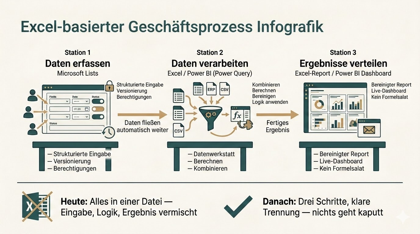 Diagramm des 3-Schichten-Modells: Daten erfassen, verarbeiten und verteilen
