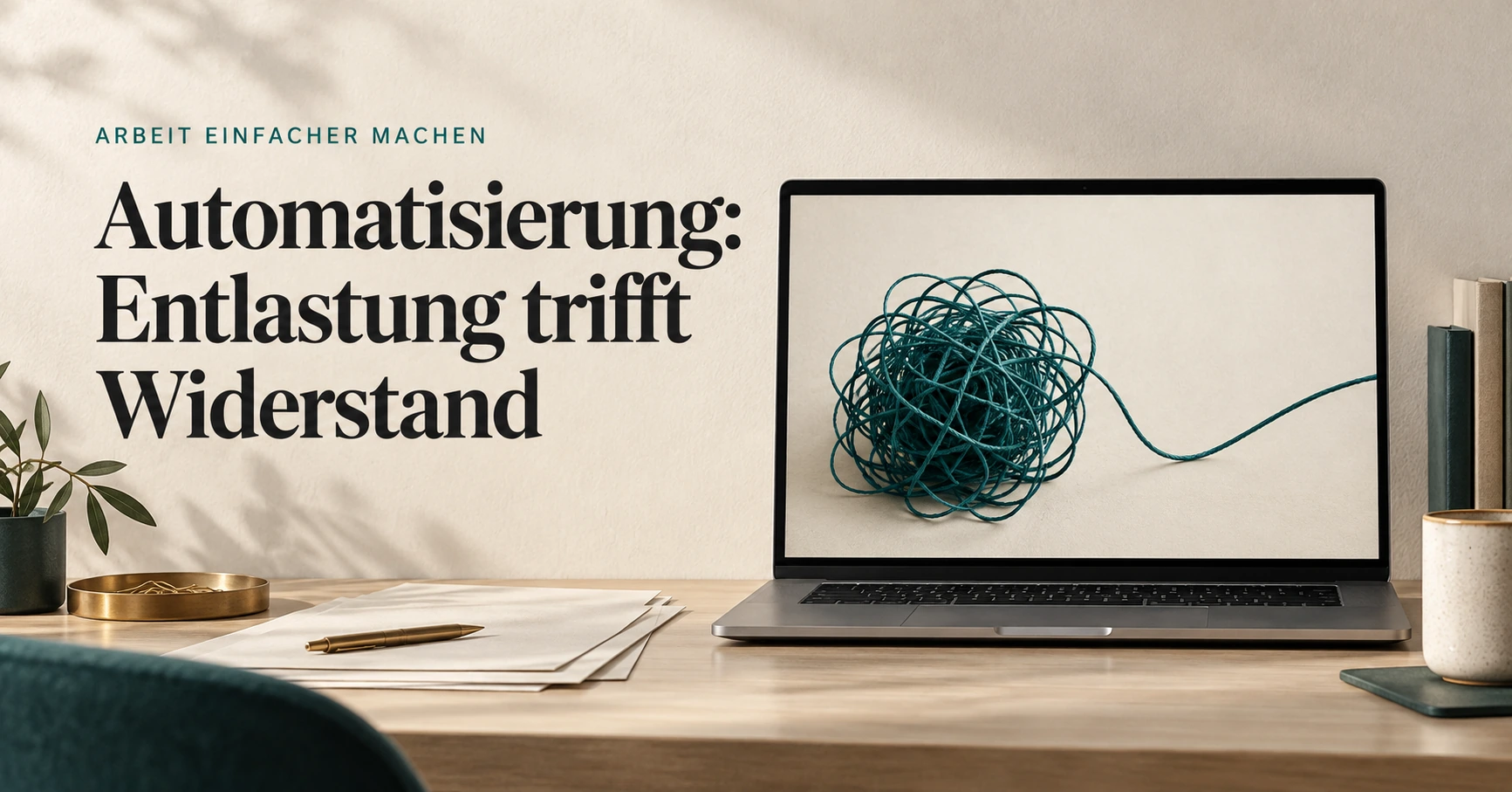 Laptop mit einem Wollknoten als Sinnbild für komplizierte Arbeitsabläufe. Darüber steht: Automatisierung – Entlastung trifft Widerstand.