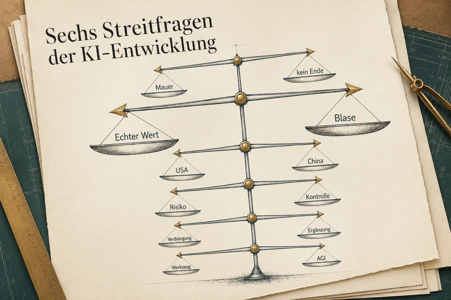 Infografik Sechs Streitfragen der KI-Entwicklung als Waage-Motiv mit sechs Gegensatzpaaren.