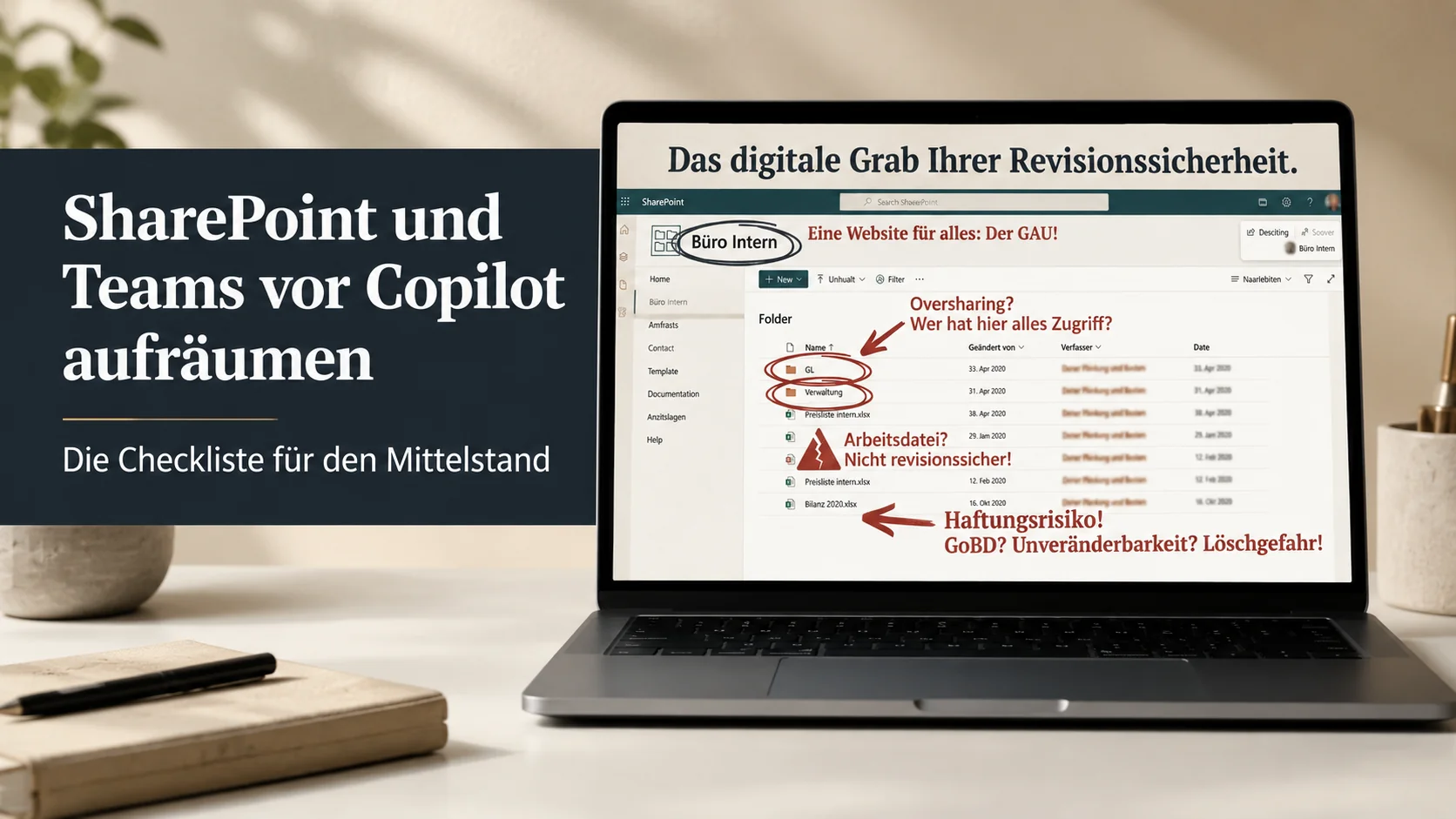 Laptop mit SharePoint-Berechtigungen-Screenshot auf dem Display, Headline: SharePoint und Teams vor Copilot aufräumen