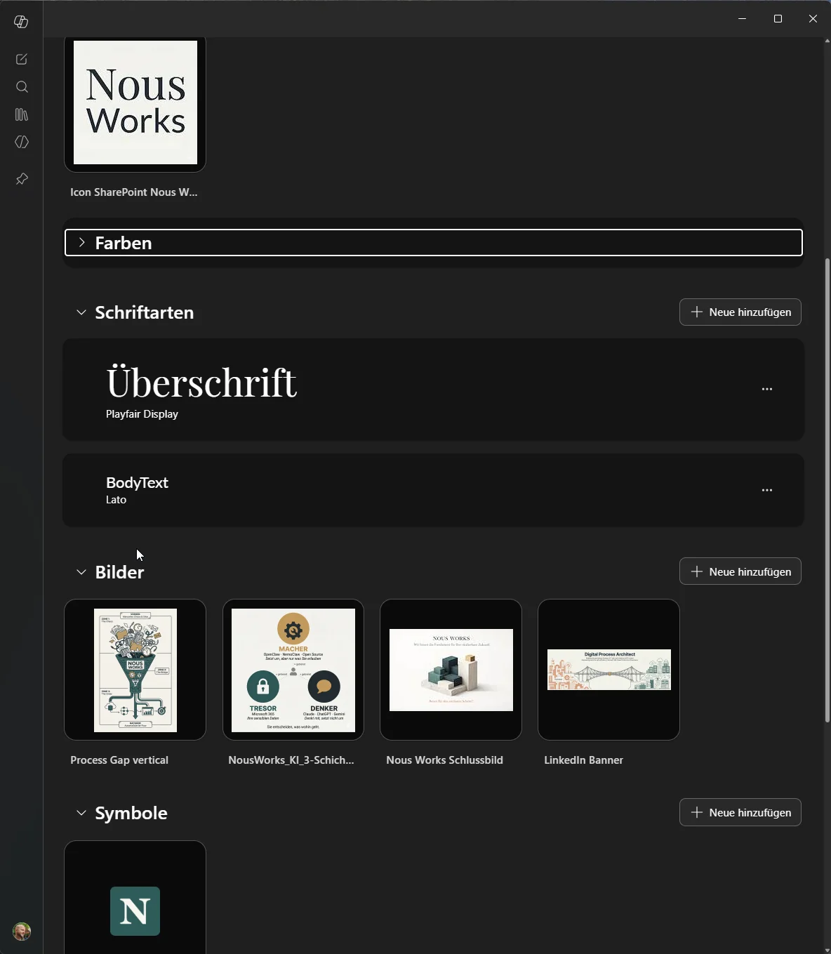Microsoft 365 Copilot Brand-Kit-Konsole Nous Works mit Logo, Markenschriften Playfair Display und Lato sowie hinterlegten Marken-Bildern