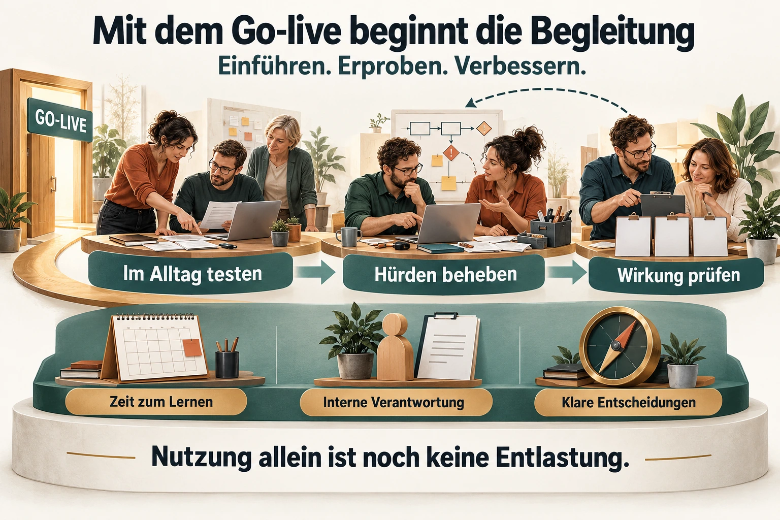 Nach dem Go-live im Alltag testen, Hürden beheben und Wirkung prüfen; mit Zeit zum Lernen, interner Verantwortung und klaren Entscheidungen.