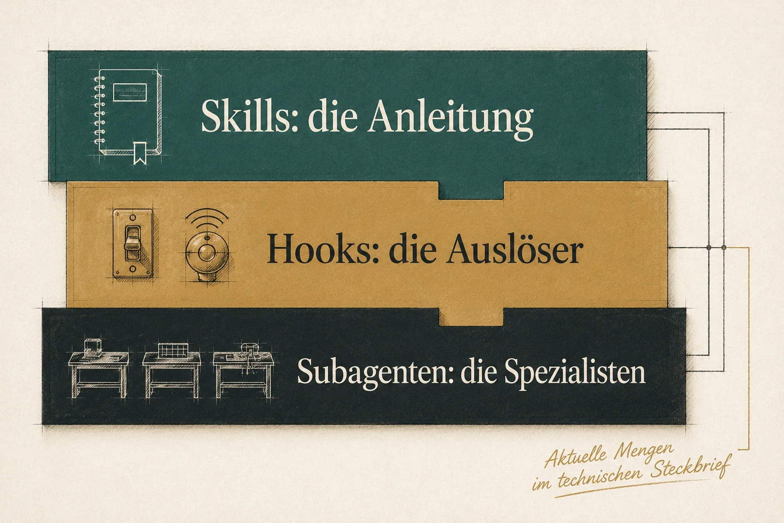 Infografik der Drei-Schichten-Architektur eines Agentensystems, Skills als Anleitung in Teal, Hooks als Auslöser in Brass, Subagenten als Spezialisten in Deep Ink