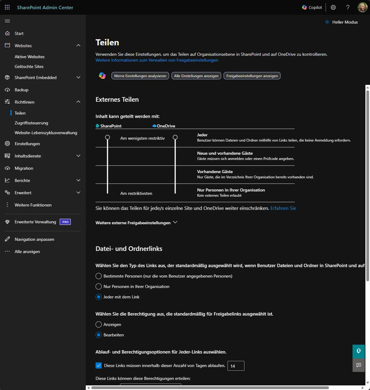 SharePoint Admin Center, Richtlinien, Teilen: Standard-Link auf Jeder mit dem Link, 14-Tage-Ablauf aktiv.