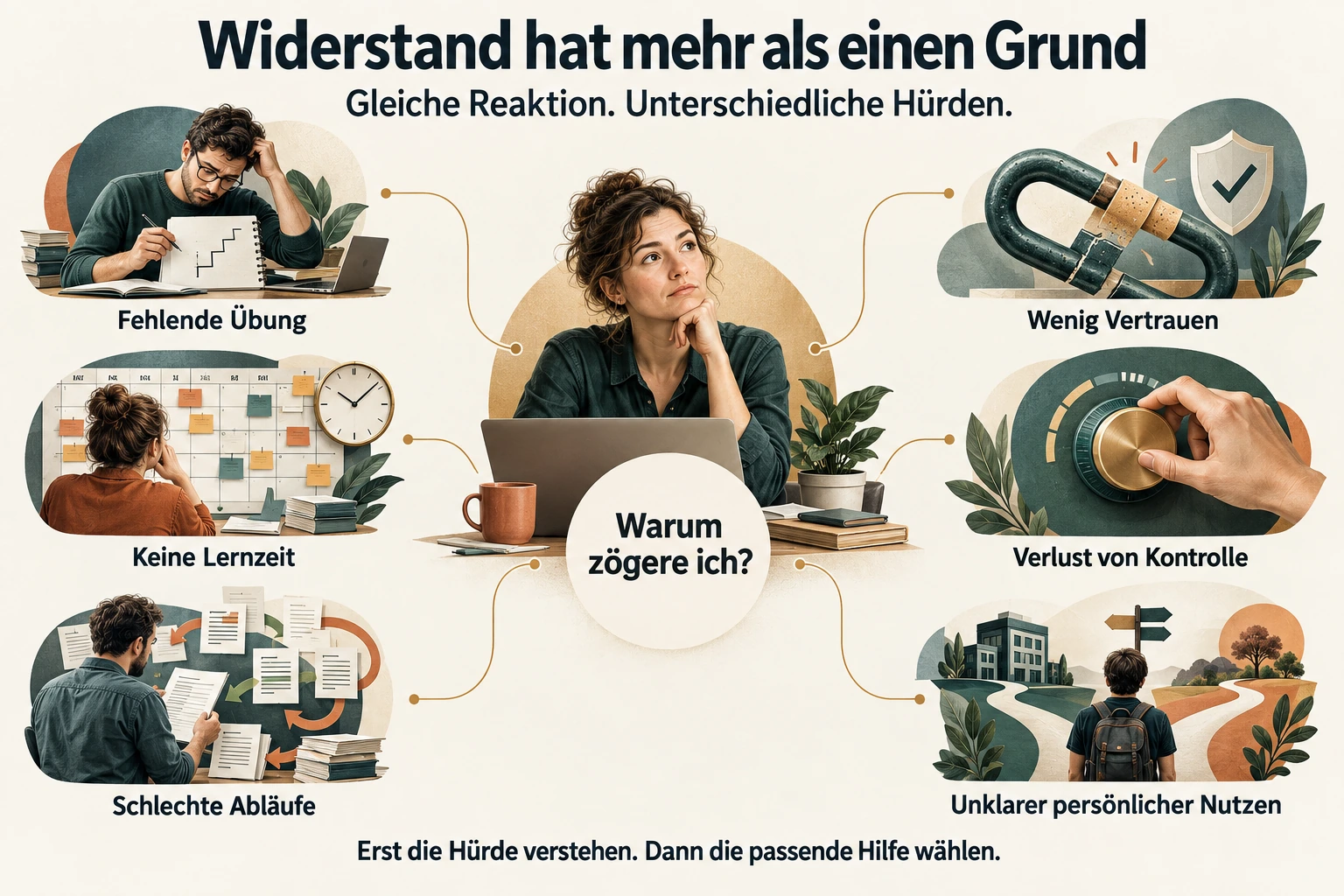 Sechs mögliche Adoptionshürden: fehlende Übung, keine Lernzeit, schlechte Abläufe, wenig Vertrauen, Verlust von Kontrolle und unklarer persönlicher Nutzen.