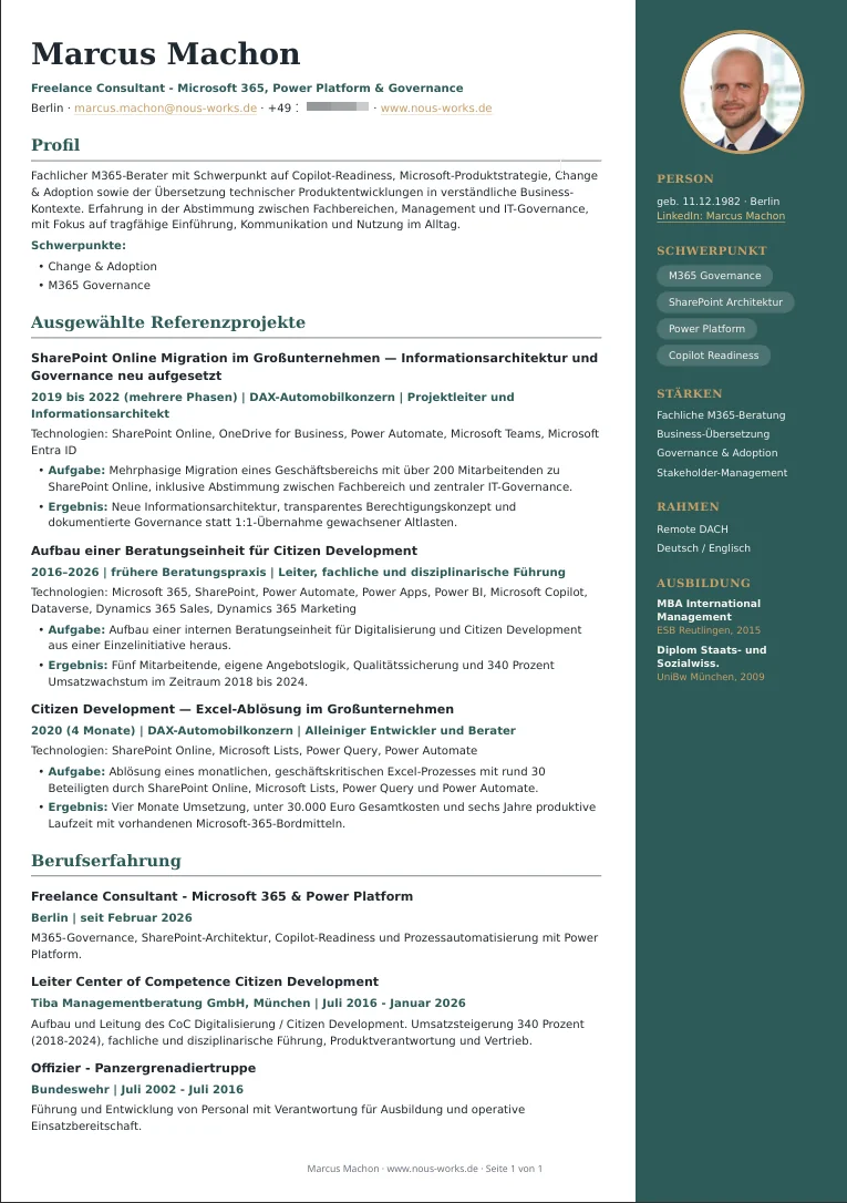 Screenshot eines automatisch erzeugten CVs von Marcus Machon mit redigierter Telefonnummer und angepassten Projektbausteinen.