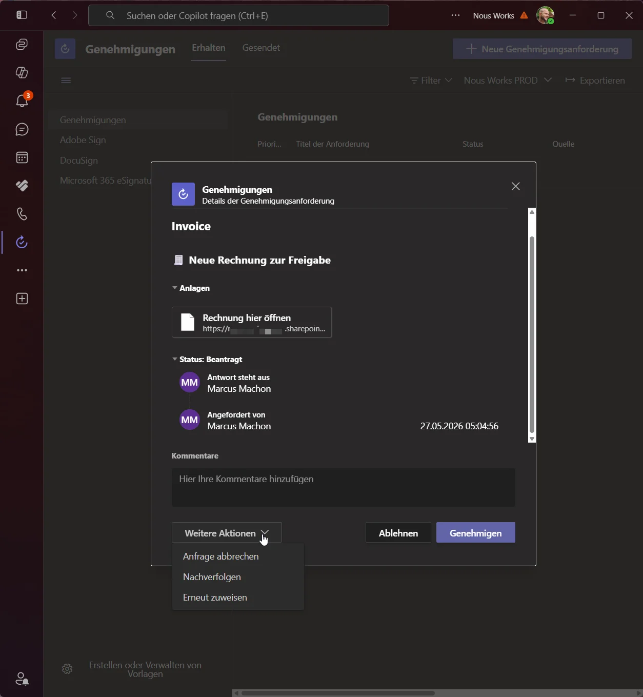 Microsoft Teams Genehmigungsdialog fuer eine Rechnungsfreigabe mit Anhang, Status und Aktionen
