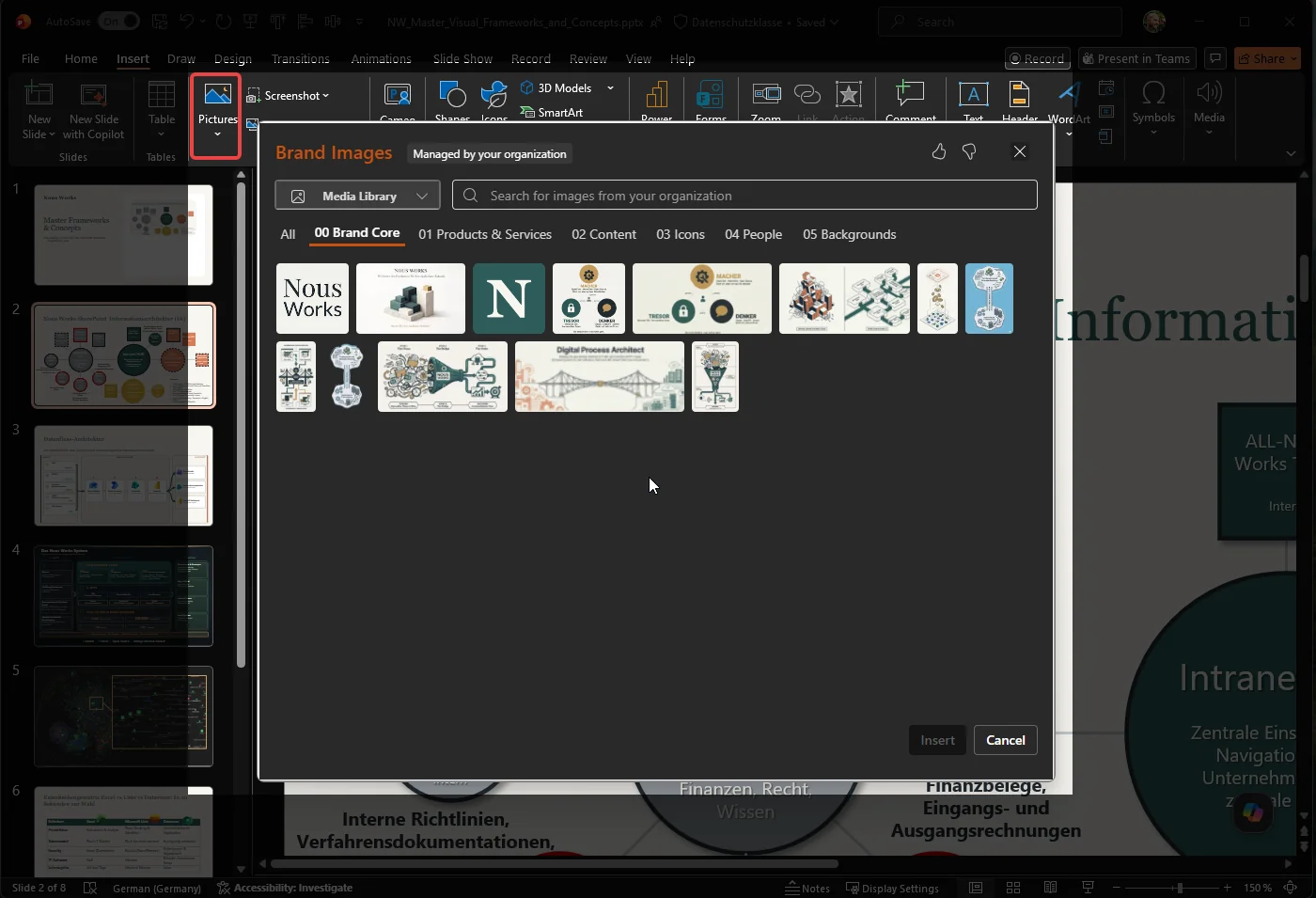 PowerPoint Brand Images aus der organisationsverwalteten Media Library mit Nous-Works-Markenbildern in Kategorien wie Brand Core, Products und Icons