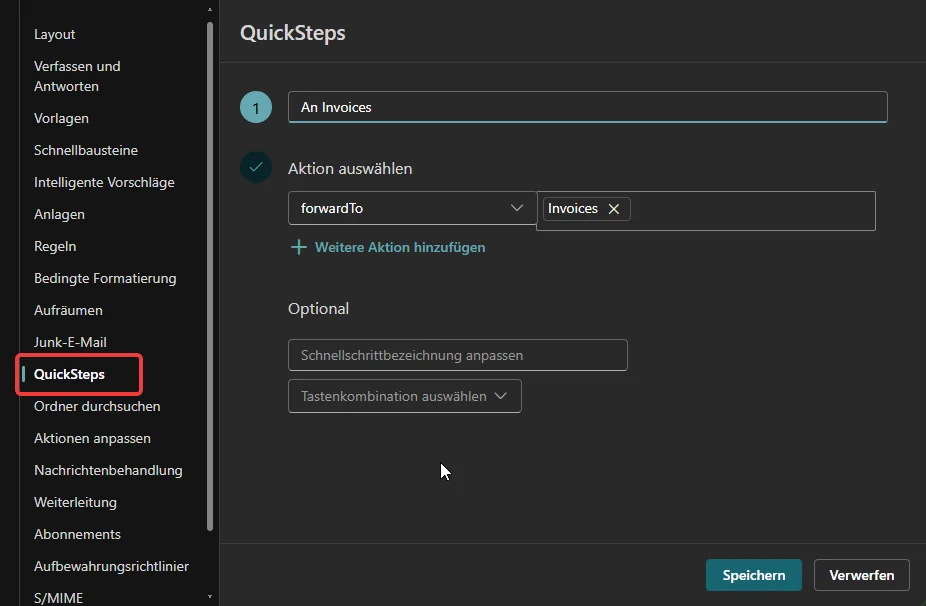 Outlook QuickSteps Einstellungen mit Aktion zum Weiterleiten an das freigegebene Invoice-Postfach