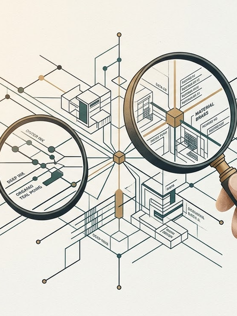 Eine Hand hält eine Lupe über ein technisches Diagramm mit Linien und Texten wie "Material Brass". Neutrale Farben, technischer Stil.
