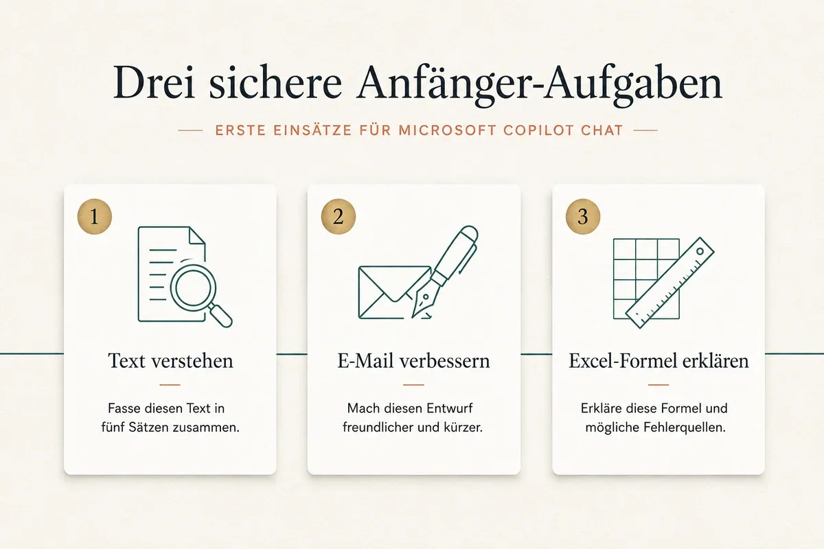 Drei sichere Anfänger-Aufgaben für Microsoft Copilot Chat: Text verstehen, E-Mail verbessern, Excel-Formel erklären, mit Beispiel-Prompts pro Karte