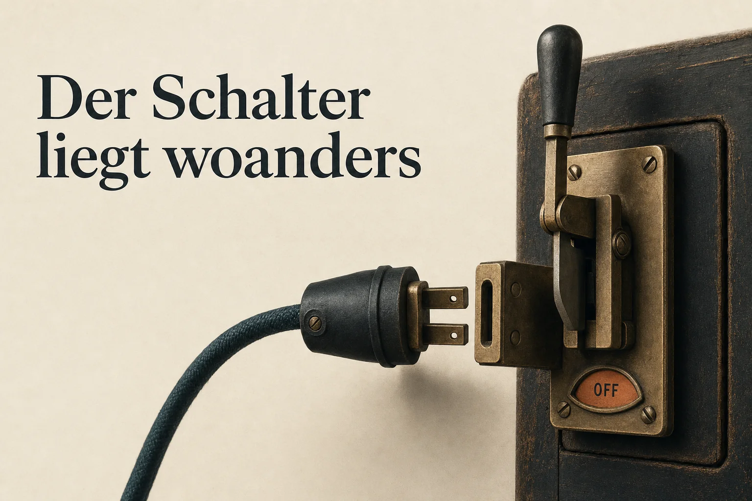 Antiker Messerschalter und gezogener Netzstecker auf einer Messing-Holz-Tafel mit dem Schriftzug Der Schalter liegt woanders, eine Metapher für KI-Abhängigkeit.