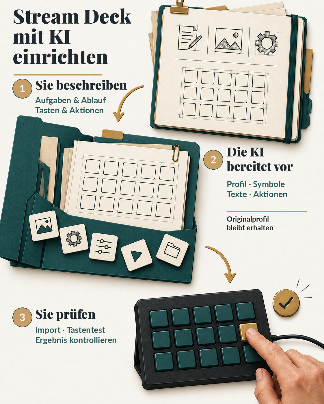 Schematische Infografik: Sie beschreiben Aufgaben und Tasten, die KI bereitet ein Profil vor, Sie testen das 15-Tasten-Deck.