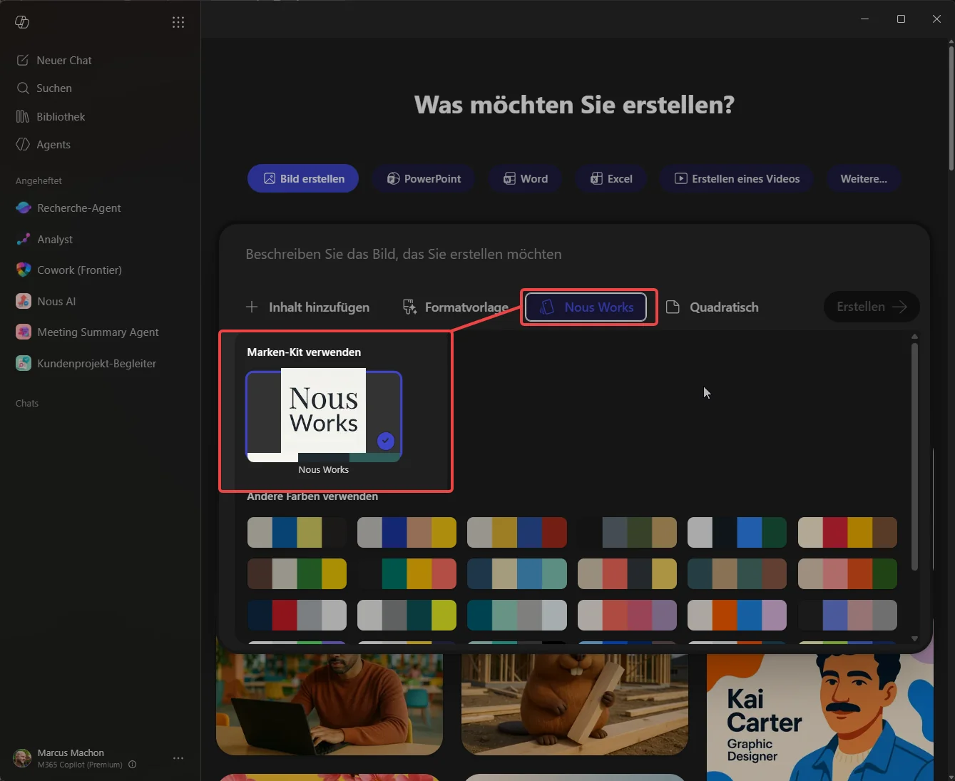 Microsoft 365 Copilot Create-Tab mit Auswahl Marken Kit verwenden und verfügbarem Nous-Works-Markenkit