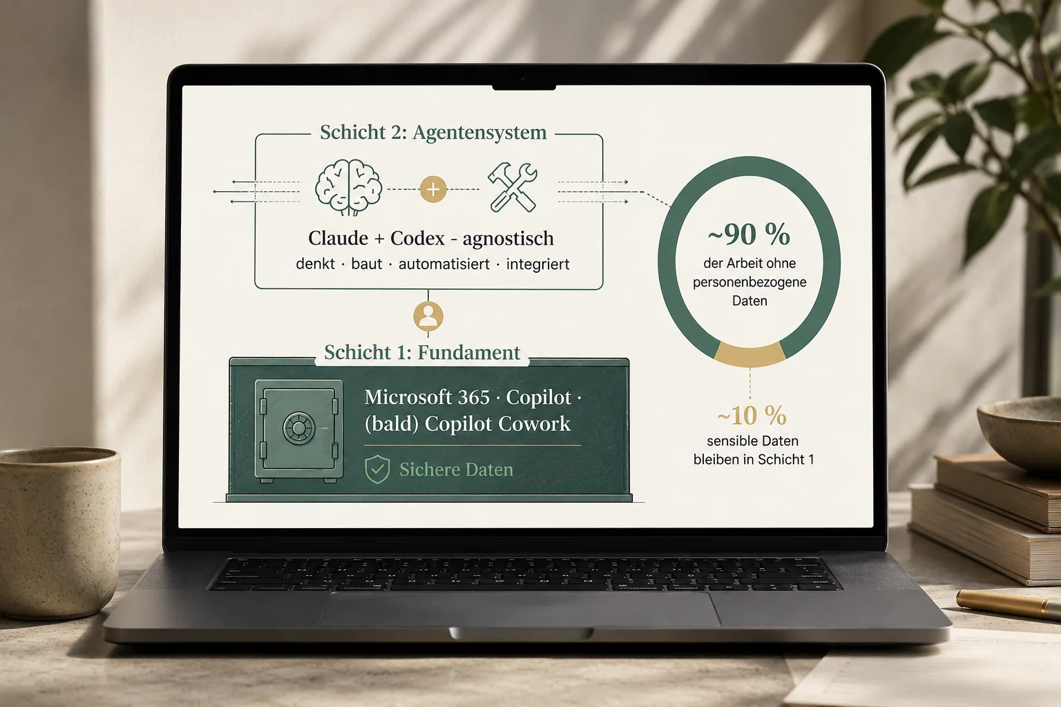Infografik Zwei-Schichten-Modell: Schicht 1 Microsoft 365 als sicheres Fundament, Schicht 2 Agentensystem aus Claude und Codex, rund 90 Prozent der Arbeit ohne personenbezogene Daten.