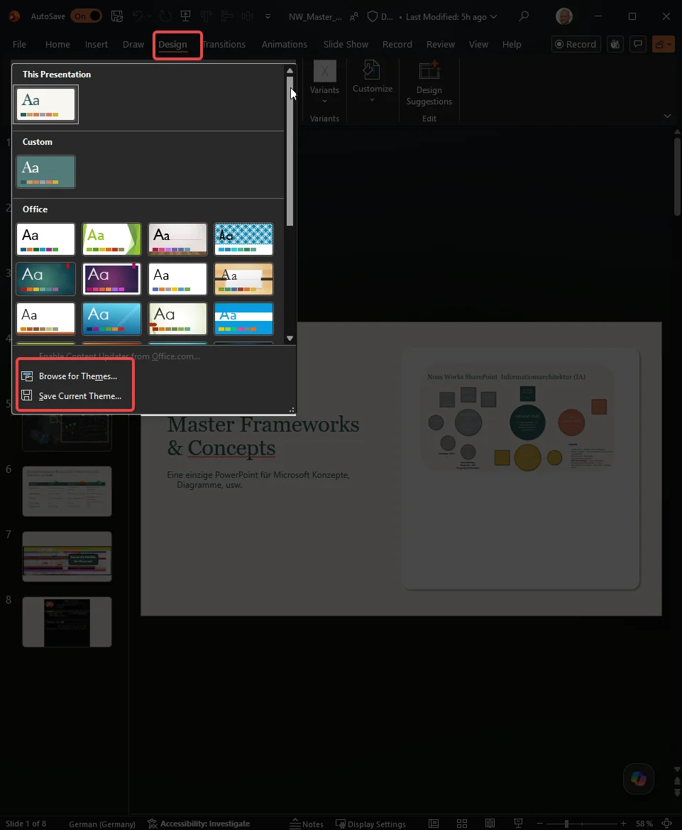 PowerPoint Entwurf, Designs-Menü mit Office-Designs und der Option Nach Designs suchen (Browse for Themes)