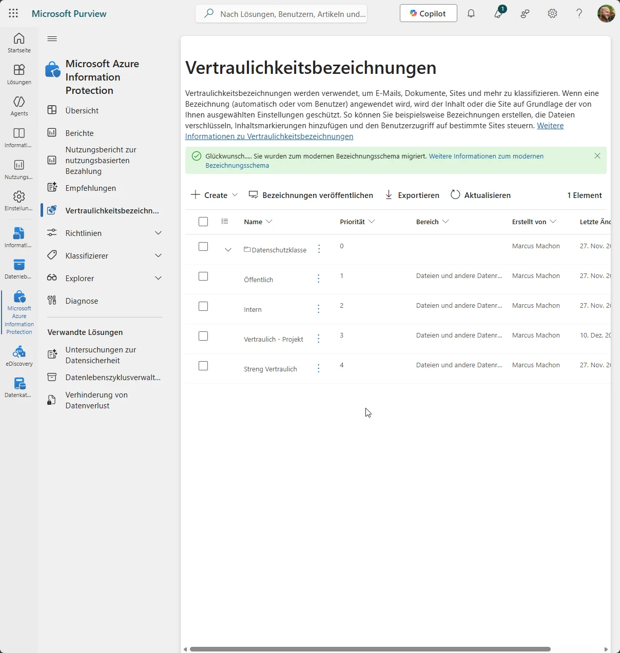 Microsoft Purview, Azure Information Protection, Vertraulichkeitsbezeichnungen: Vier aktive Labels - Öffentlich, Intern, Vertraulich-Projekt, Streng Vertraulich.