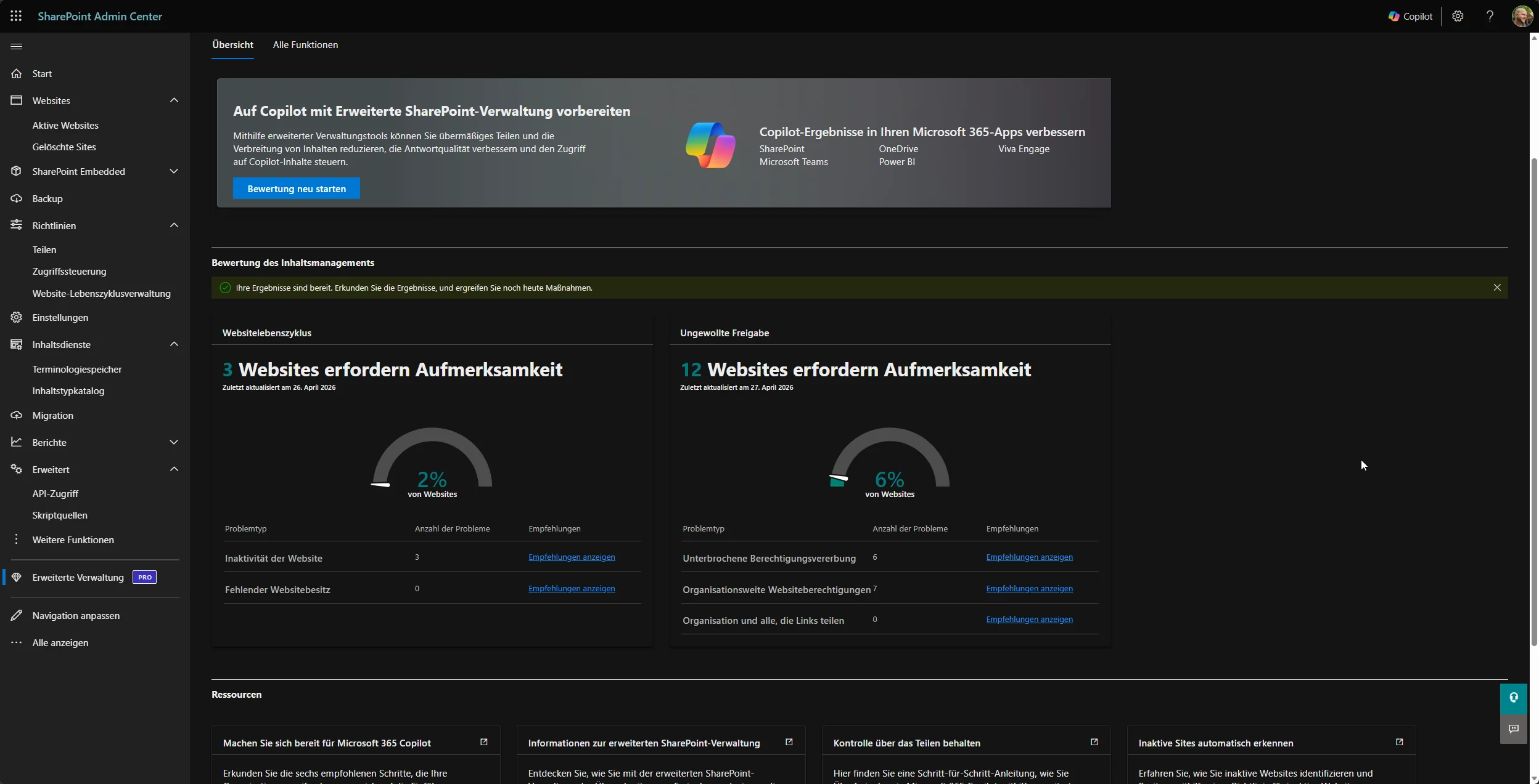 SharePoint Admin Center, Erweiterte Verwaltung, Übersicht: Copilot-Bereitschafts-Dashboard mit Sites ohne Websitebesitzer und Freigabeproblemen.