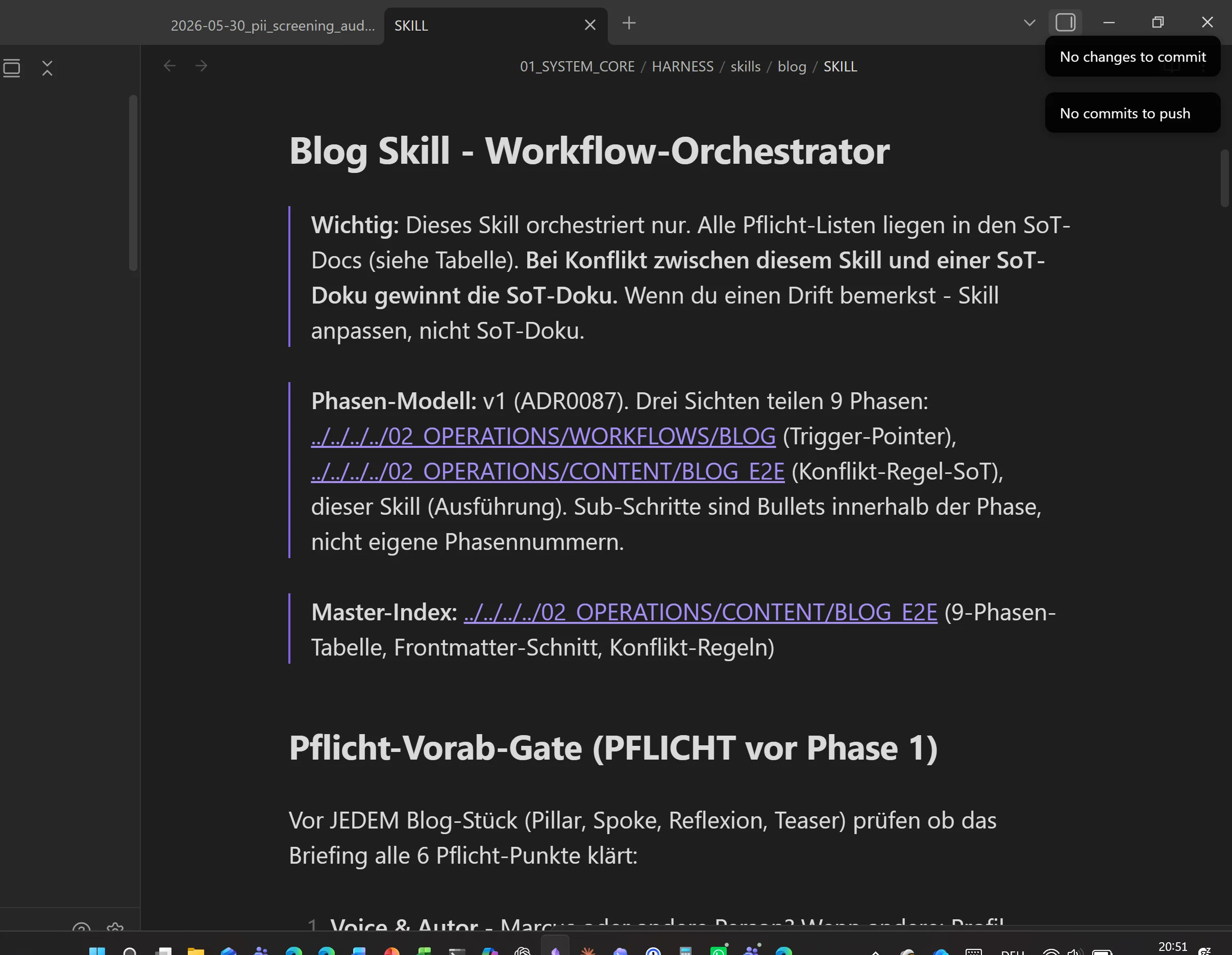 Screenshot der Blog-Skill-Datei SKILL.md in Obsidian: Workflow-Orchestrator mit 9-Phasen-Modell und Pflicht-Vorab-Gate, rund 120 Zeilen Markdown