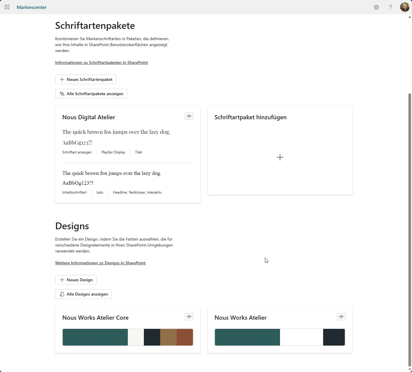 SharePoint Markencenter mit Schriftartenpaket Nous Digital Atelier (Playfair Display, Lato) und den Designs Nous Works Atelier Core und Atelier
