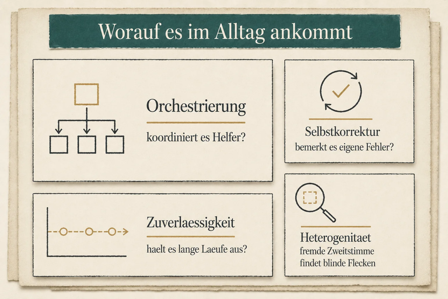 Infografik: vier Verhaltensweisen, die im Alltag zählen. Orchestrierung, Selbstkorrektur, Zuverlässigkeit und eine zweite, frische Sicht.
