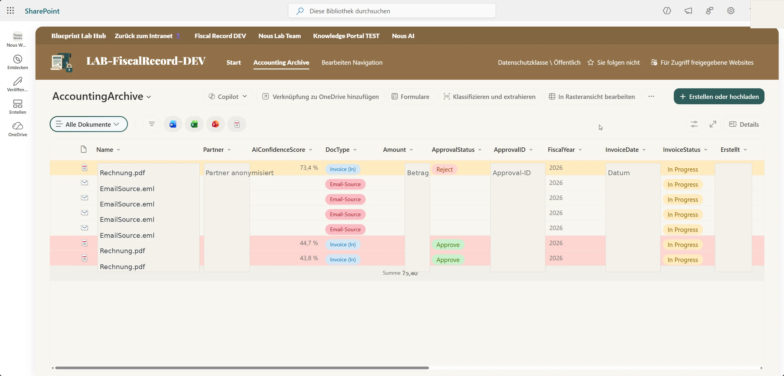 SharePoint-Dokumentenbibliothek mit Dummy-Daten, Maildateien, Rechnungsdateien, Dokumenttyp und Statusspalten