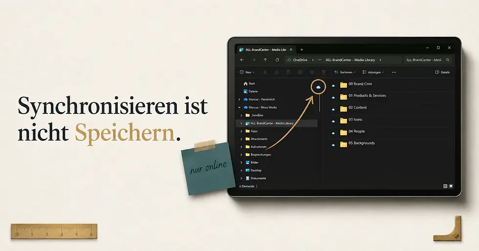 Windows-Datei-Explorer zeigt OneDrive-Ordner mit Cloud-Symbolen; Synchronisieren bedeutet nicht lokal speichern.