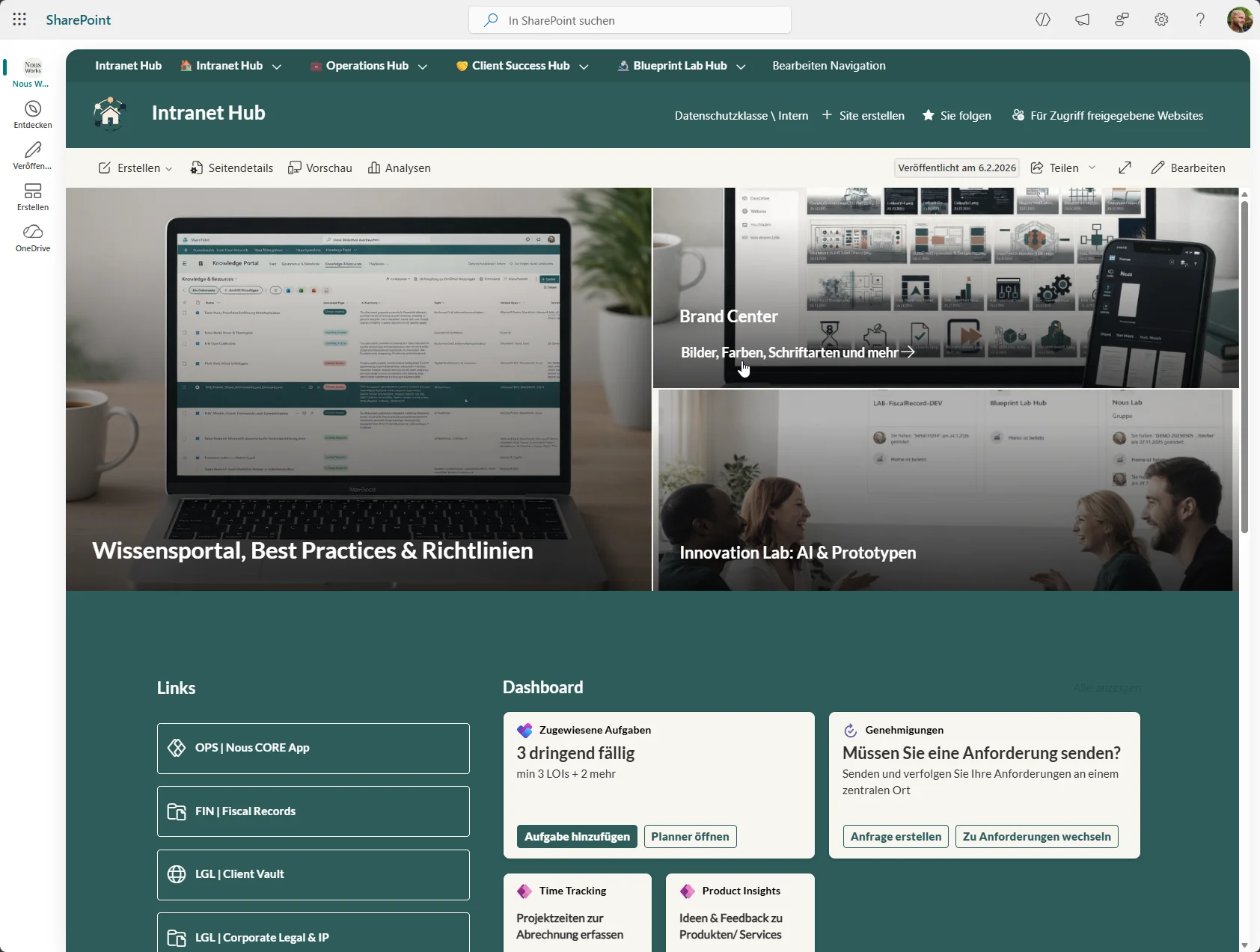 Screenshot des Intranet Hubs mit Navigation zu Operations, Client Success und Blueprint Lab im eigenen Tenant.