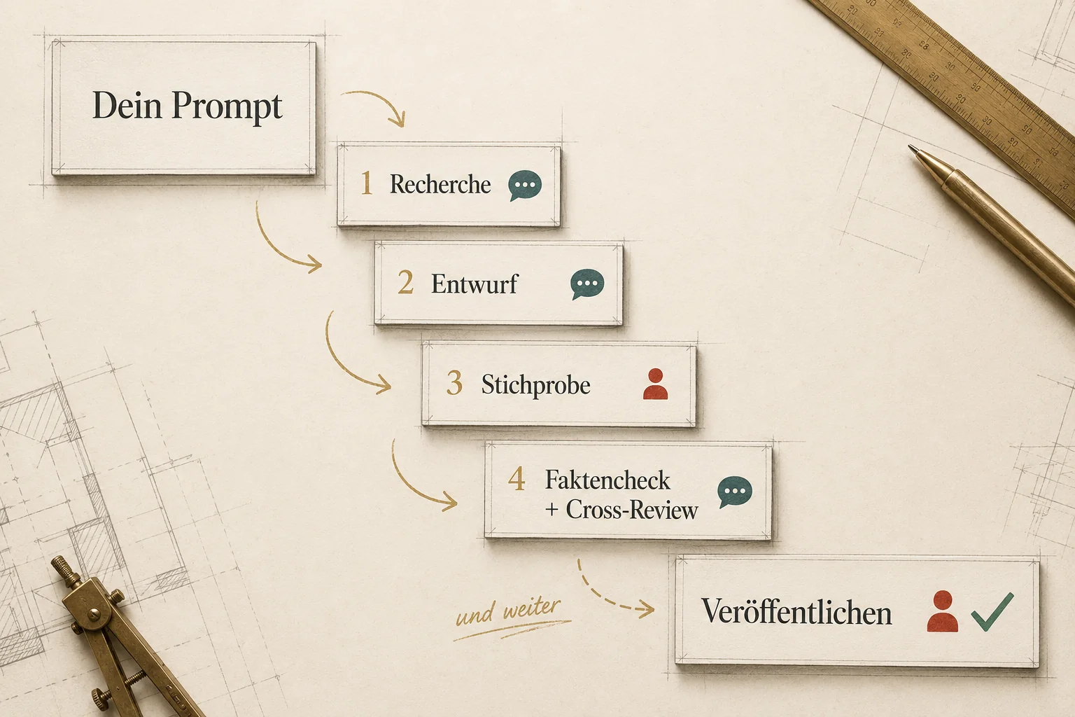 Infografik des automatisierten Blogprozesses von Dein Prompt über Recherche, Entwurf, Stichprobe und Faktencheck bis Veröffentlichen, mit Markern für KI- und Mensch-Schritte