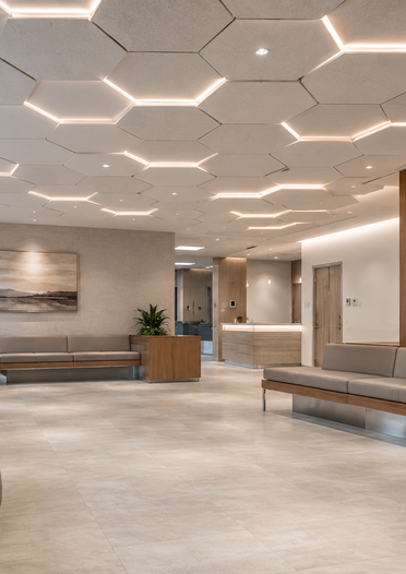 Full-Floor Benching — Hex Acoustic Ceiling