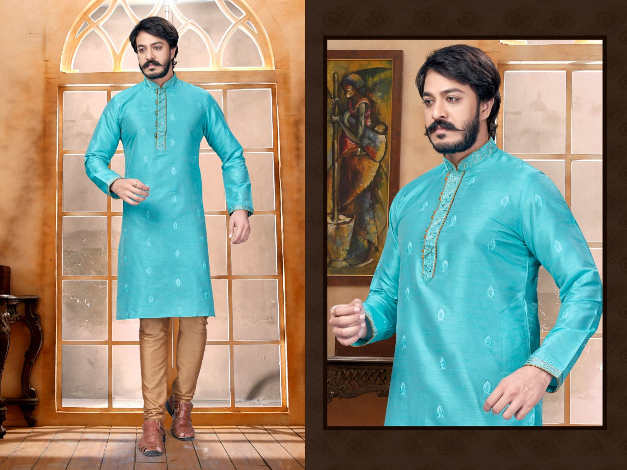 P30000034 -Sky Blue Kurta & golden Pajama Silk TAANI BAANI FASHION