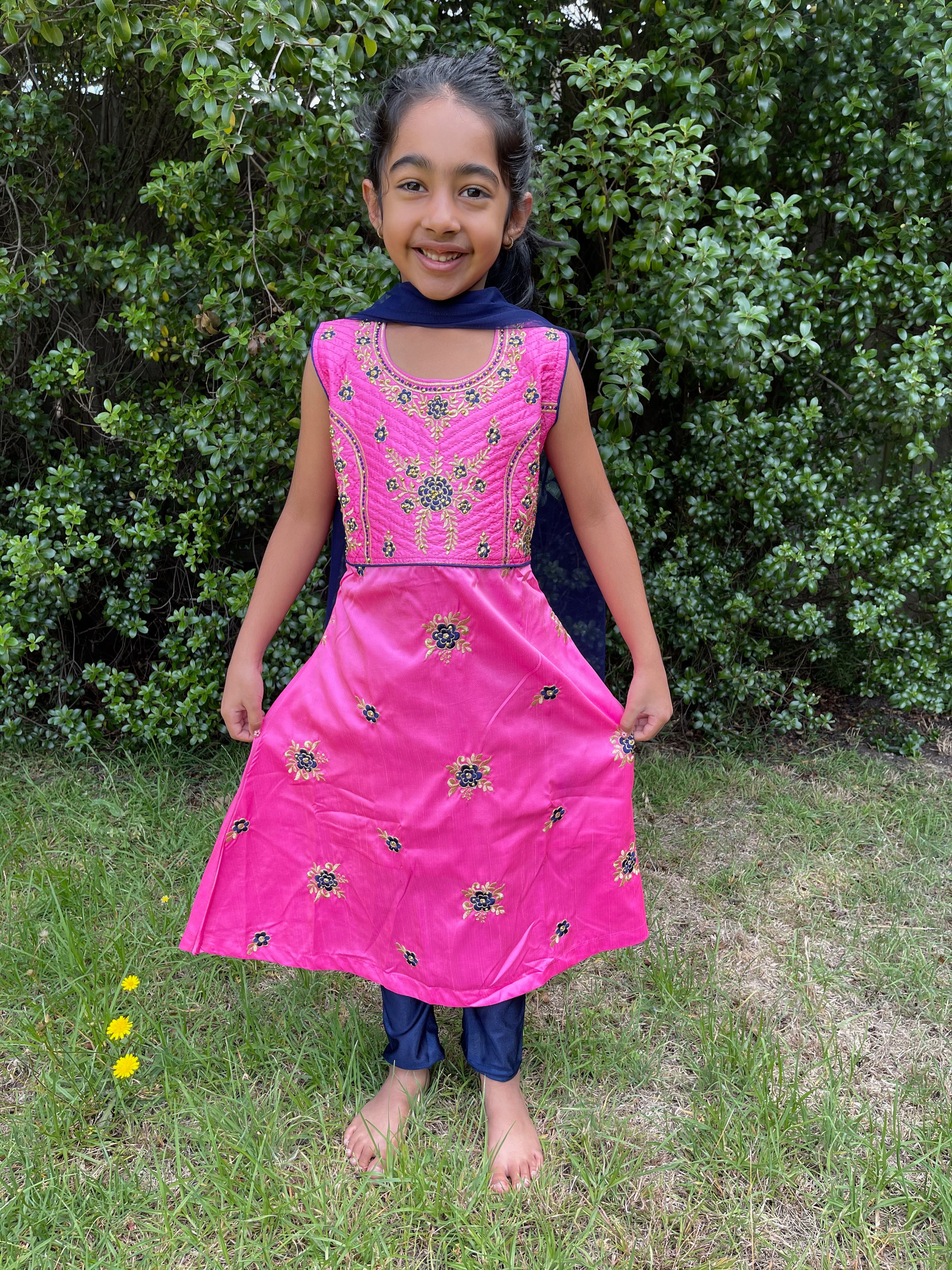 Dark Pink and Blue Design Anarkali suit with dupatta. TAANI BAANI FASHION