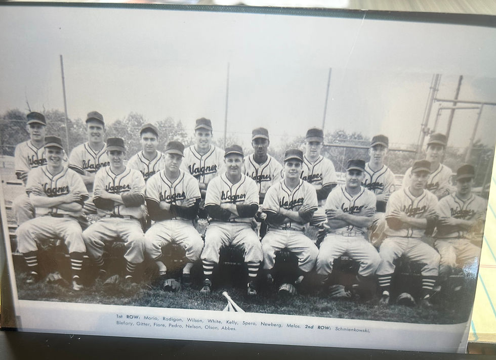 A vintage black and white group photograph of the Wagner College baseball team posed together outdoors on a grassy athletic field. The players are arranged in three neat rows, all wearing matching light colored baseball uniforms with cursive lettering across the jerseys and dark baseball caps. A young Curt Blefary and Tony Fiore are pictured among their teammates, smiling alongside the rest of the squad. In the background, the open field extends toward a line of distant trees and the campus property.