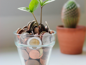Small green plant growing in a glass jar filled with coins, symbolizing financial growth and sustainability
