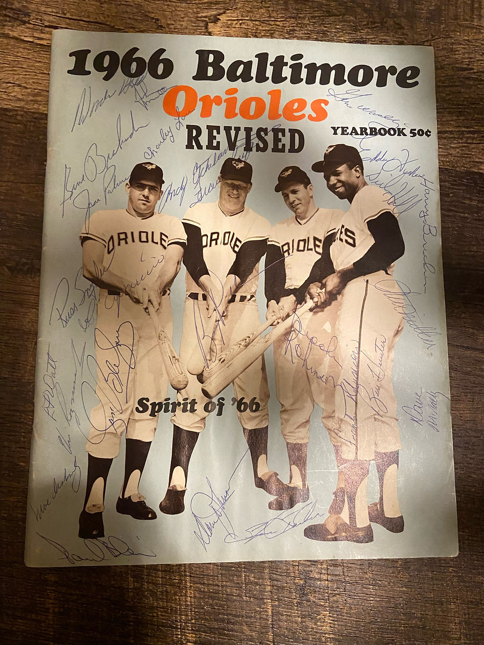 Cover of a 1966 Baltimore Orioles Revised Yearbook priced at 50 cents featuring a vintage photograph of players Curt Blefary, Boog Powell, Brooks Robinson, and Frank Robinson standing shoulder to shoulder and holding baseball bats together under the title Spirit of 66. The entire light blue background and the images of the players are covered in numerous vintage blue ink autographs from the team roster.