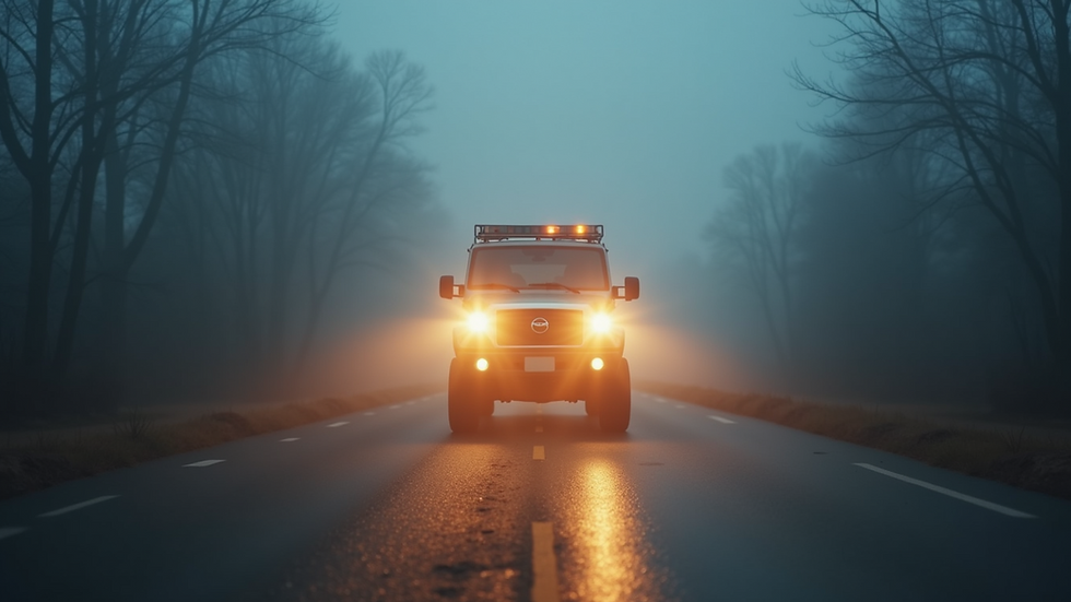 Eye-level view of a vehicle equipped with fog lights in a foggy environment
