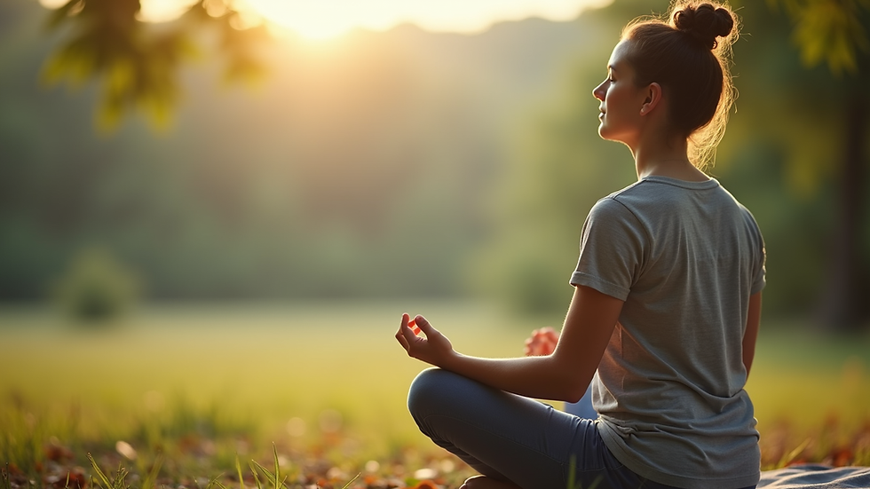 Close-up view of a person meditating outdoors with a calm natural background