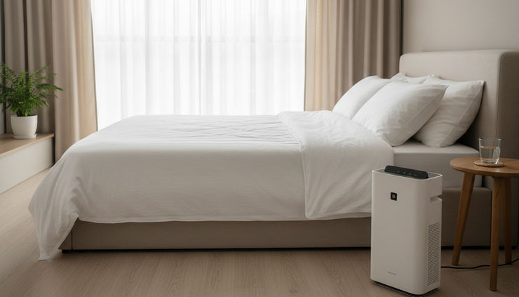 Side view of a calm bedroom with a small air purifier, fragrance-free bedding, and soft morning light