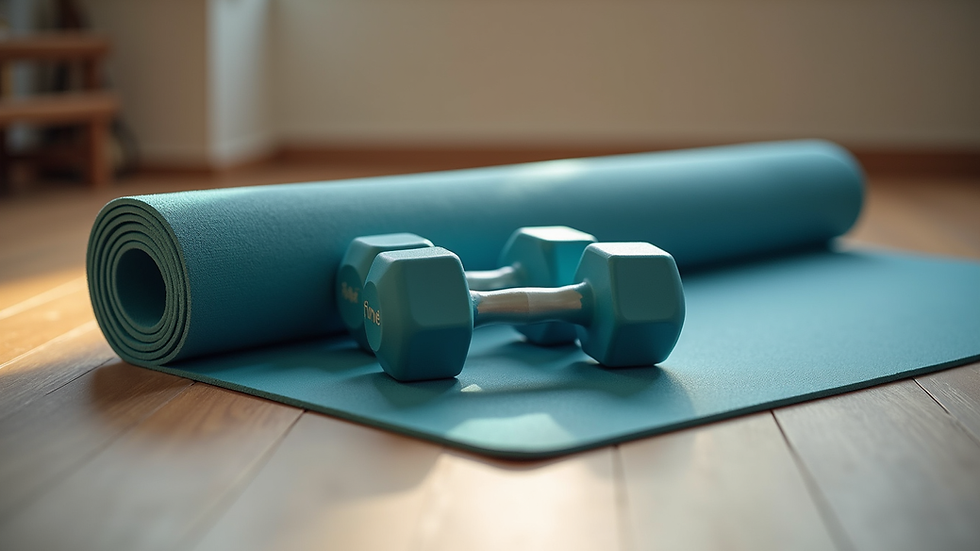 Close-up view of a yoga mat and dumbbells on wooden floor