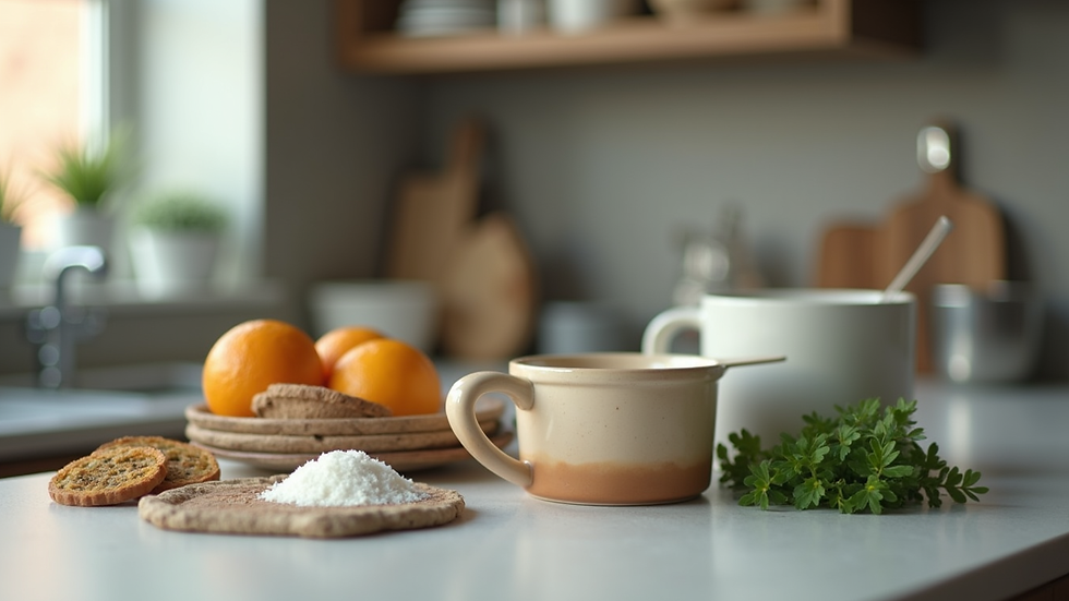 Close-up view of measuring cups and ingredients on a kitchen counter
