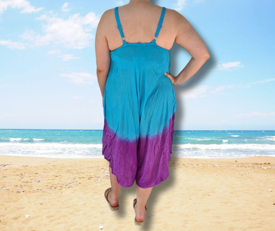 Thumbnail: Blue & Purple Tie-dye Tribal Hippie Curvy Beach Jumpsuit