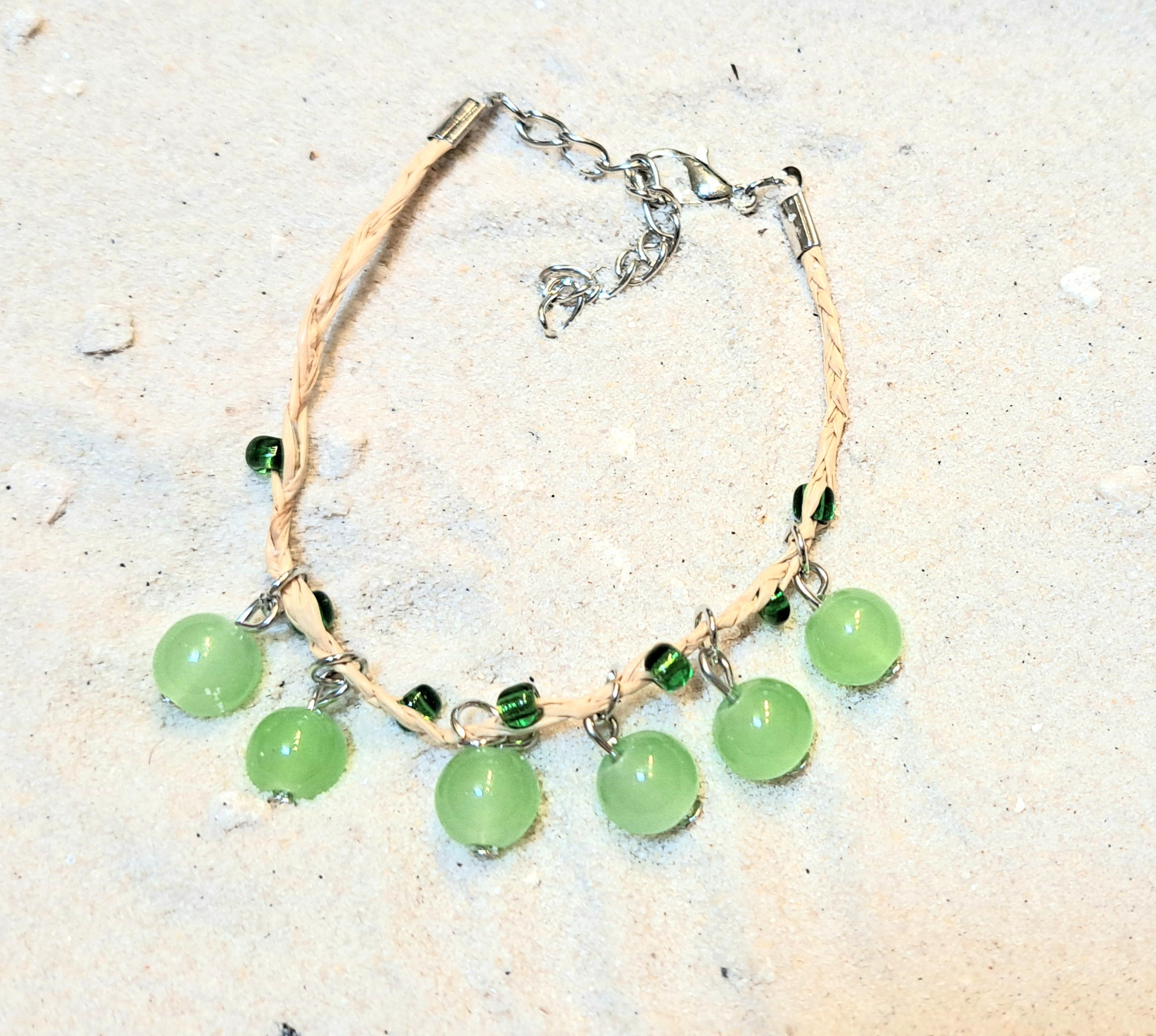 WHSL Green Glass Braided Beach Anklets Coastal Lot of 12
